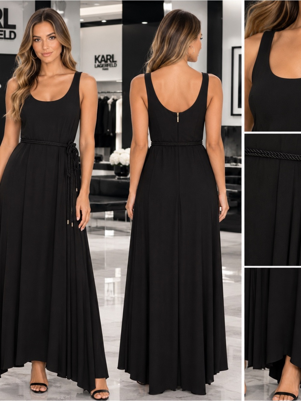 Karl Lagerfeld Black Maxi Dress with Rope Belt